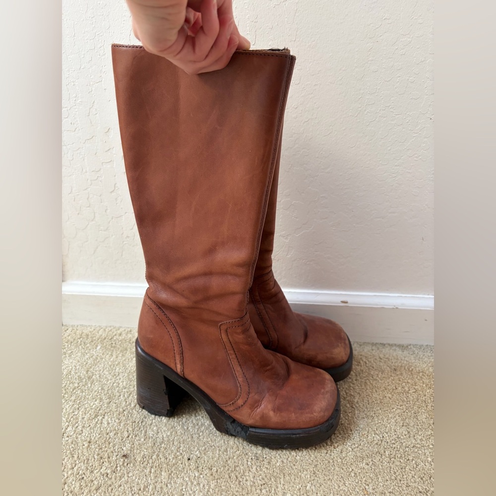 Steve Madden Cognac Brown Leather Knee Boots with Block Heel